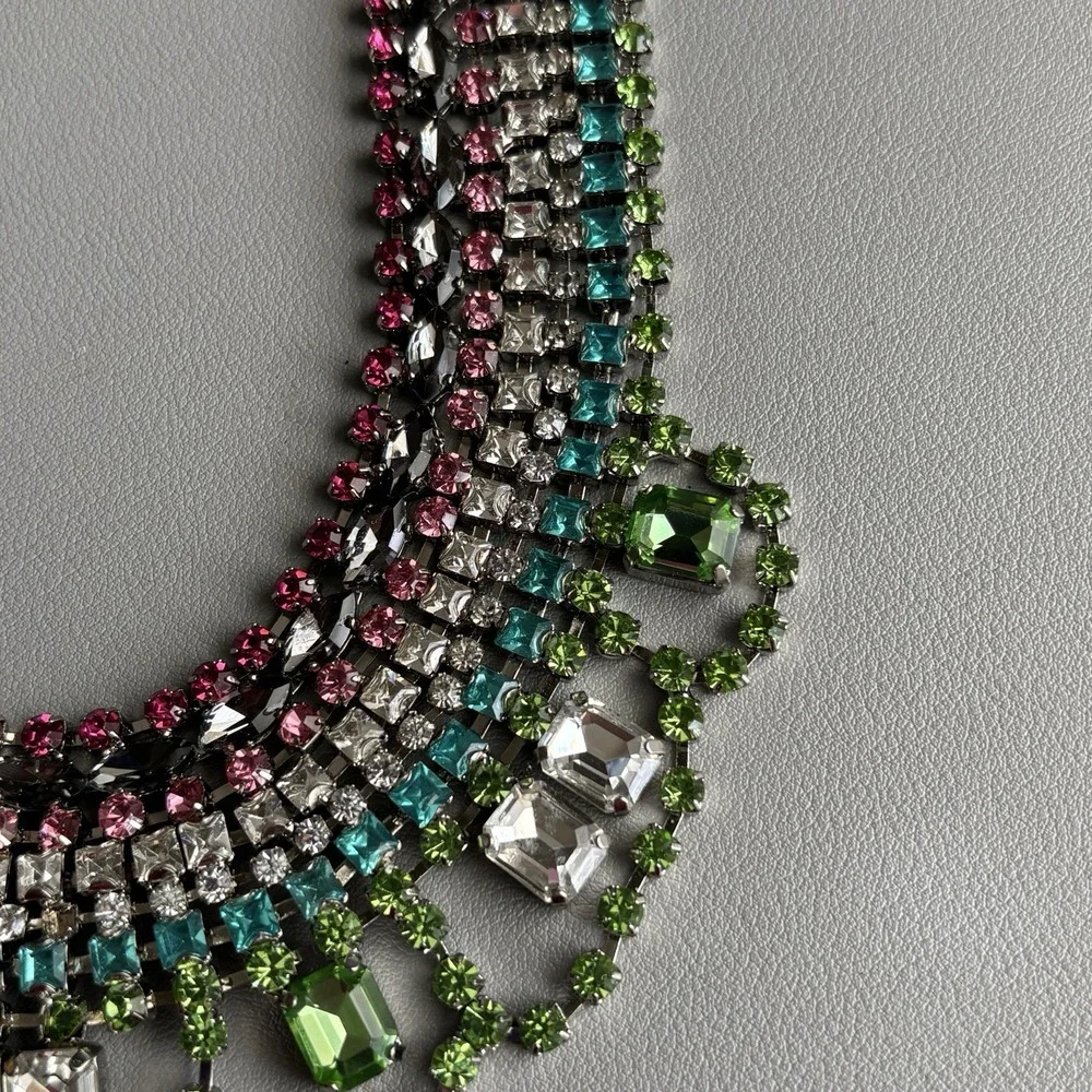 Vintage Juicy Couture Pink Green Rhinestone Statement Bib Necklace 15